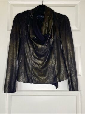 Zara Black and Gold Draped Asymmetrical Zip Jacket